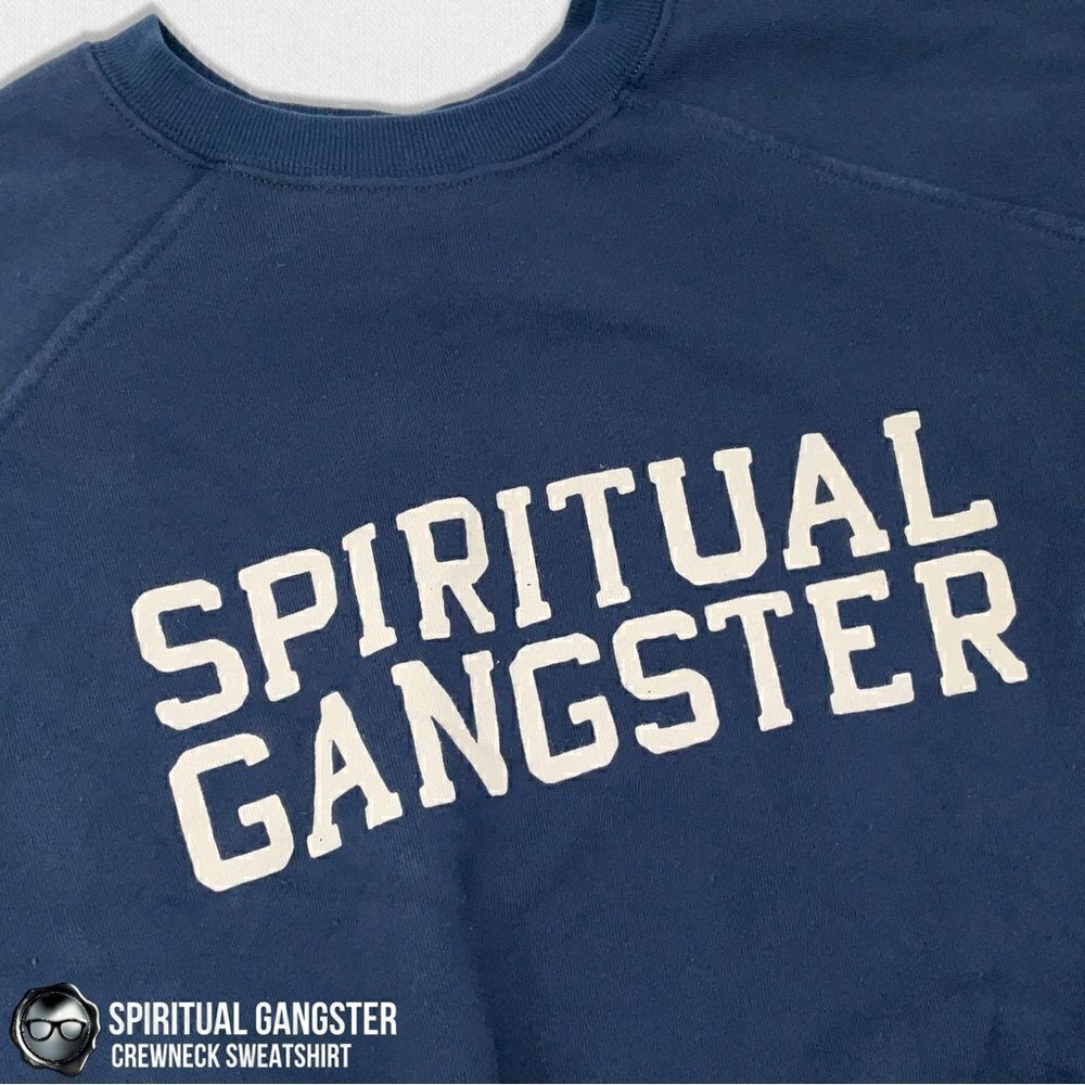 SPIRITUAL GANGSTER WOMEN’S COTTON VARSITY CREWNECK SWEATSHIRT VINTAGE NAVY BLUE - Picture 9 of 12